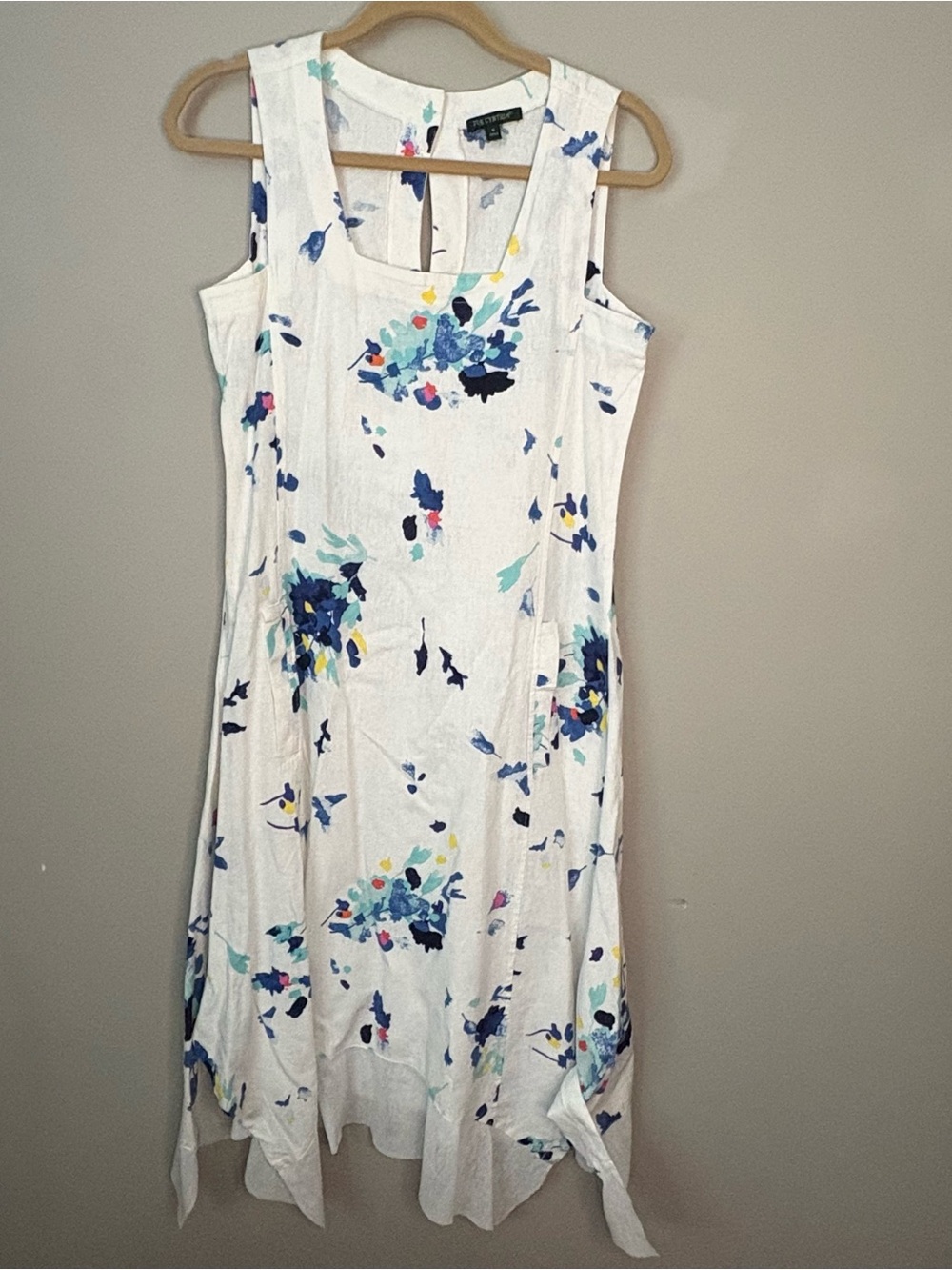 For Cynthia Linen Blend Dress Floral Handkerchief Hem Lagenlook Coastal Boho
th